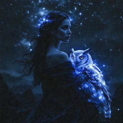 The primary subject of the image is a woman with long hair, who is holding a white owl. The setting is a dark, starry night, with the woman and the owl being the main focus of the scene. The visual style is a combination of a photo and digital art, creating a surreal and dreamy atmosphere. The colors are predominantly dark, with the starry night providing a contrasting backdrop. The overall mood of the image is one of mystery and enchantment.